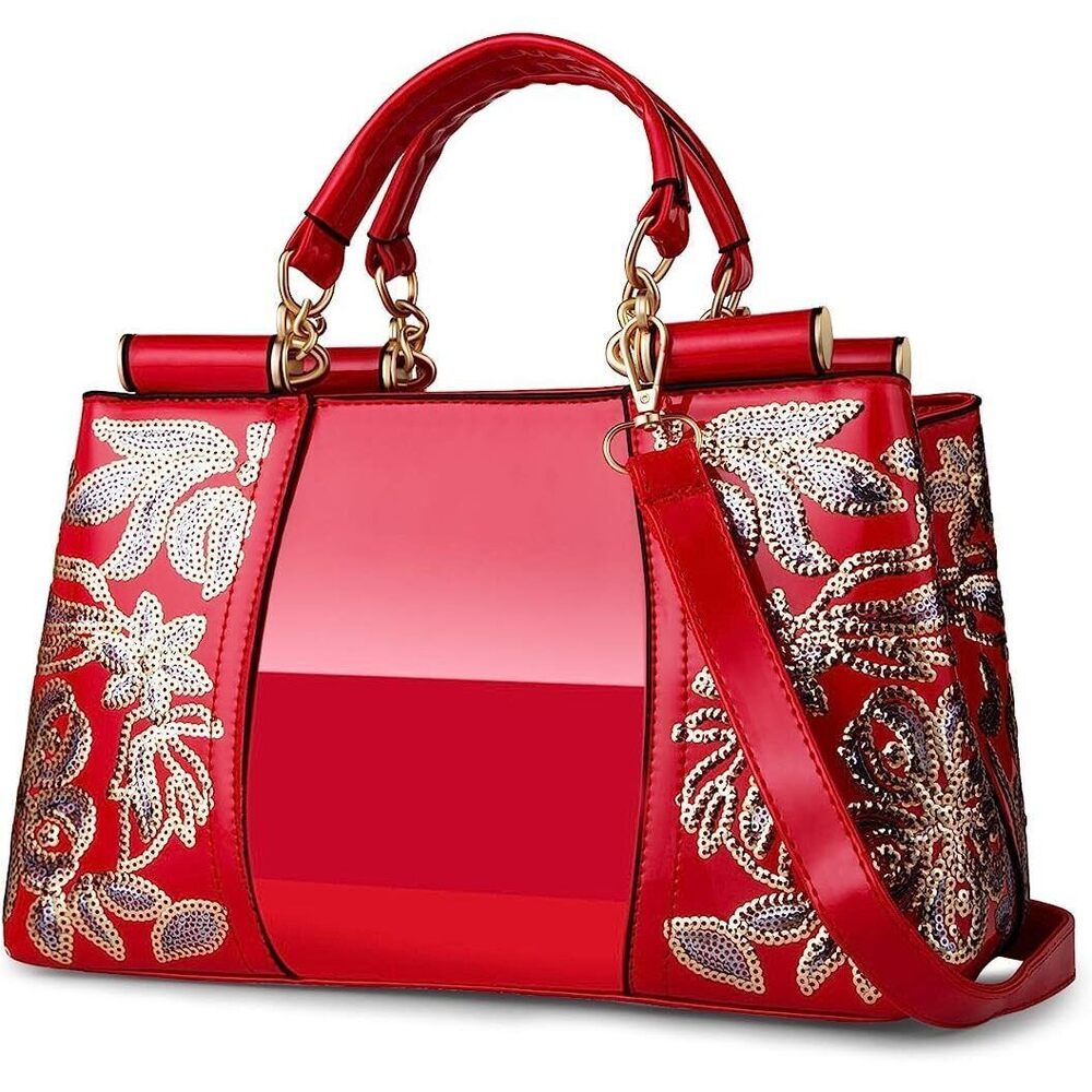 6810 Red Patent Leather Satchel Handbag - Sequined Embroidery, Top Handle & - Picture 3 of 6